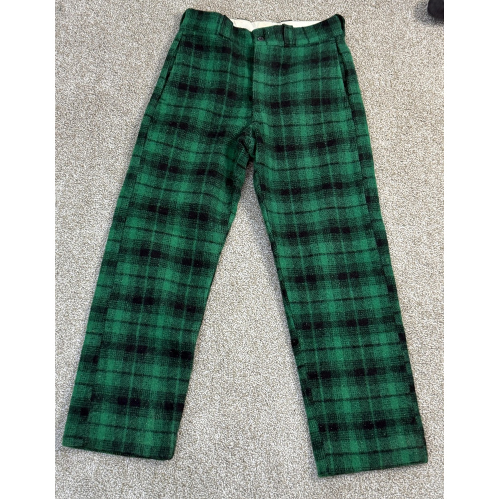 VTG 60s Johnson Woolen Mills Pants Mens 30x29 Green Plaid Wool Flannel Workwear